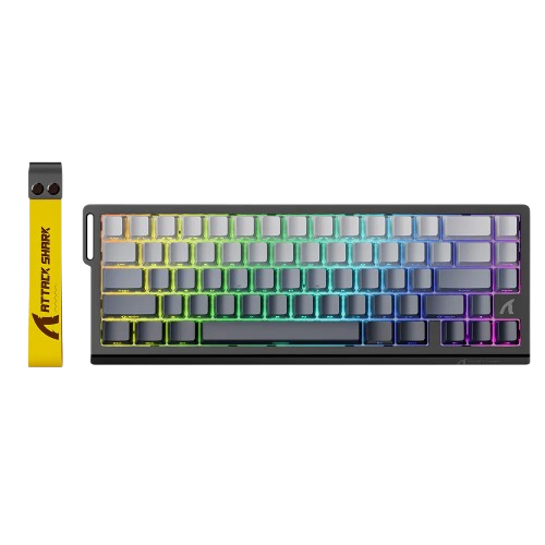 Keyboard with RGB lighting and a yellow strip labeled 'Attack Shark' on a Transparent Background