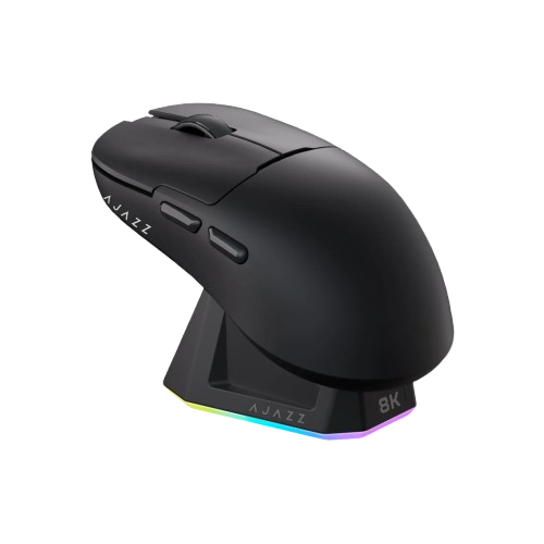 Black gaming mouse brand ajazz aj159pro with RGB lighting on a Transparent background