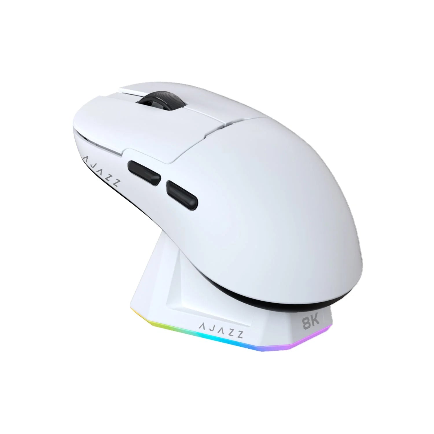 White gaming mouse with RGB lighting on a white background