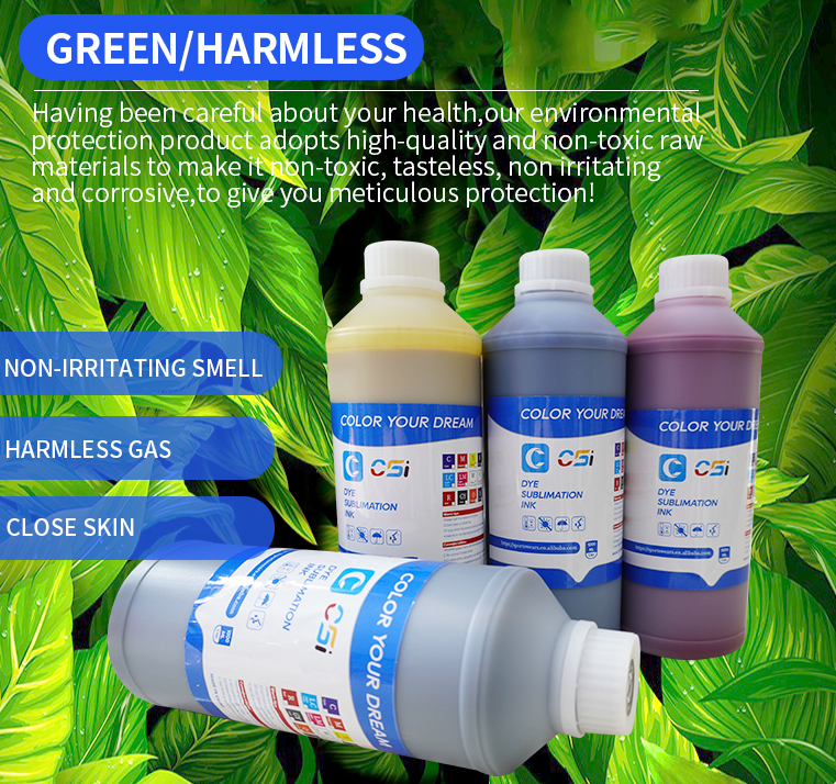 Bottles of ink with a green leafy background and text about product safety and features.