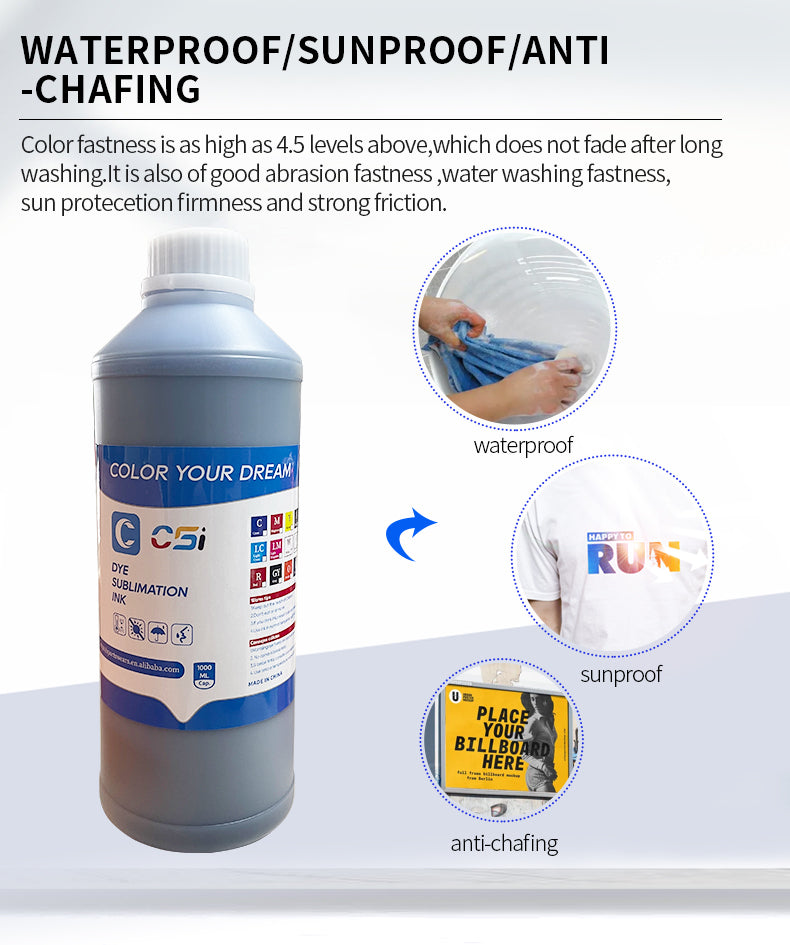 Bottle of color dye with text highlighting waterproof, sunproof, and anti-chafing properties on a white background.