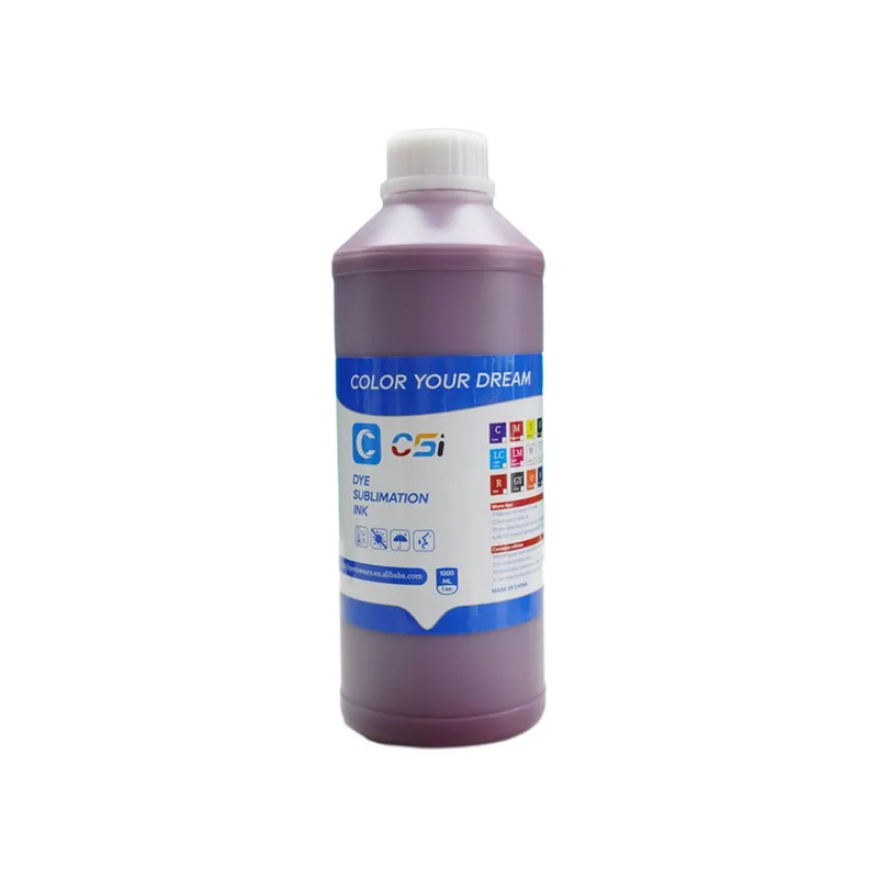 Bottle of CSI dye sublimation ink on a white background