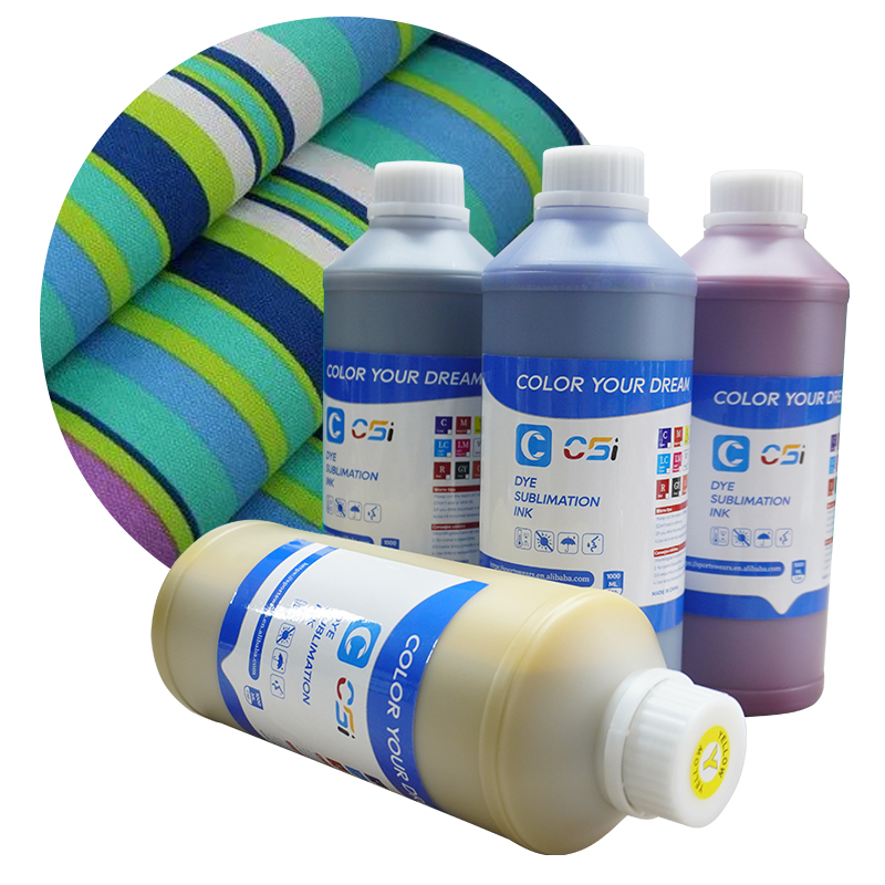 Four bottles of CSGI dye sublimation ink with a colorful striped fabric background.