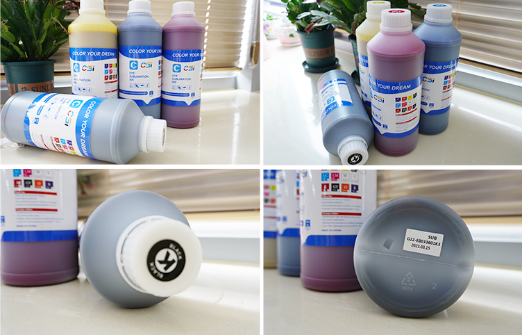 Collage of ink bottles with visible labels on a neutral background