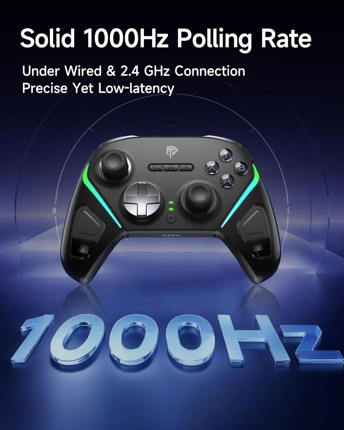 EasySMX D10 Gaming controller with text about 1000Hz polling rate on a blue background
