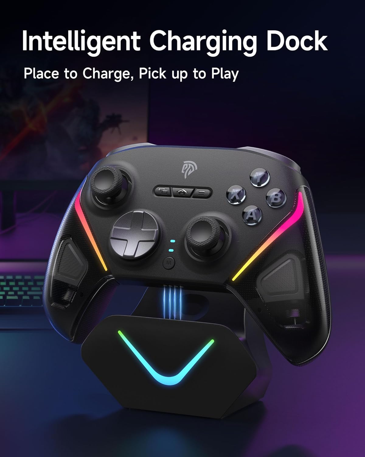 EasySMX D10 Gaming controller on an intelligent charging dock with colorful lighting effects.