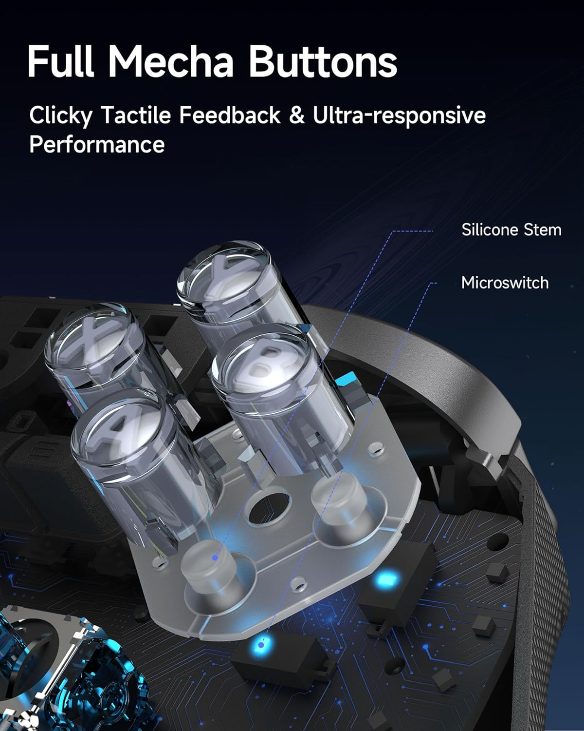 Mechanical gaming keyboard with full mecha buttons on a dark background