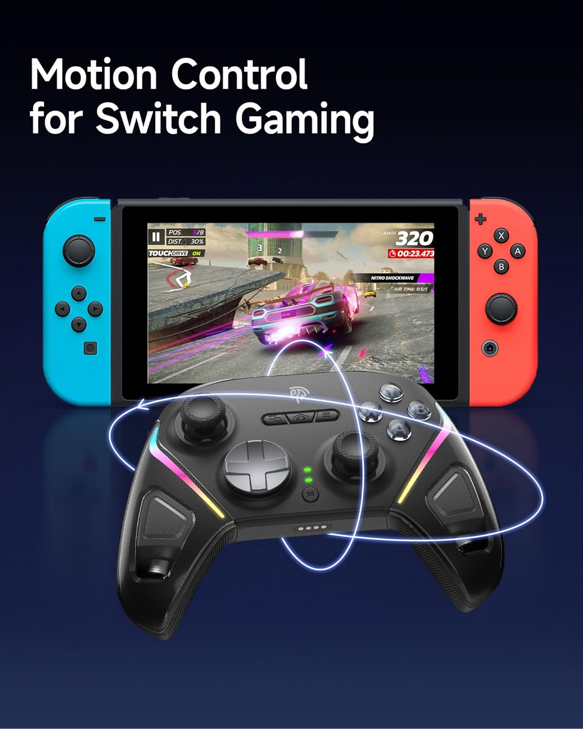 EasySMX D10 Gaming controller with Switch gaming console and racing game on screen, labeled 'Motion Control for Switch Gaming'.