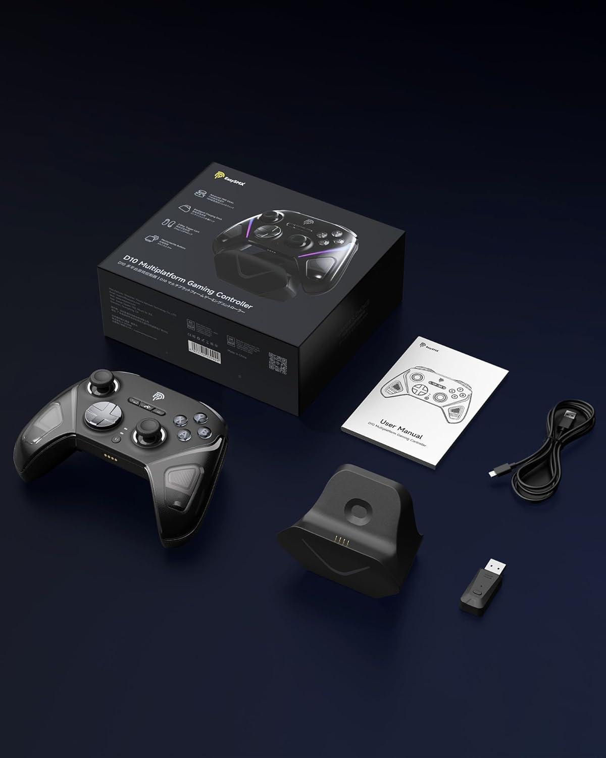 EasySMX D10 Gaming controller set with packaging, manual, and accessories on a dark background
