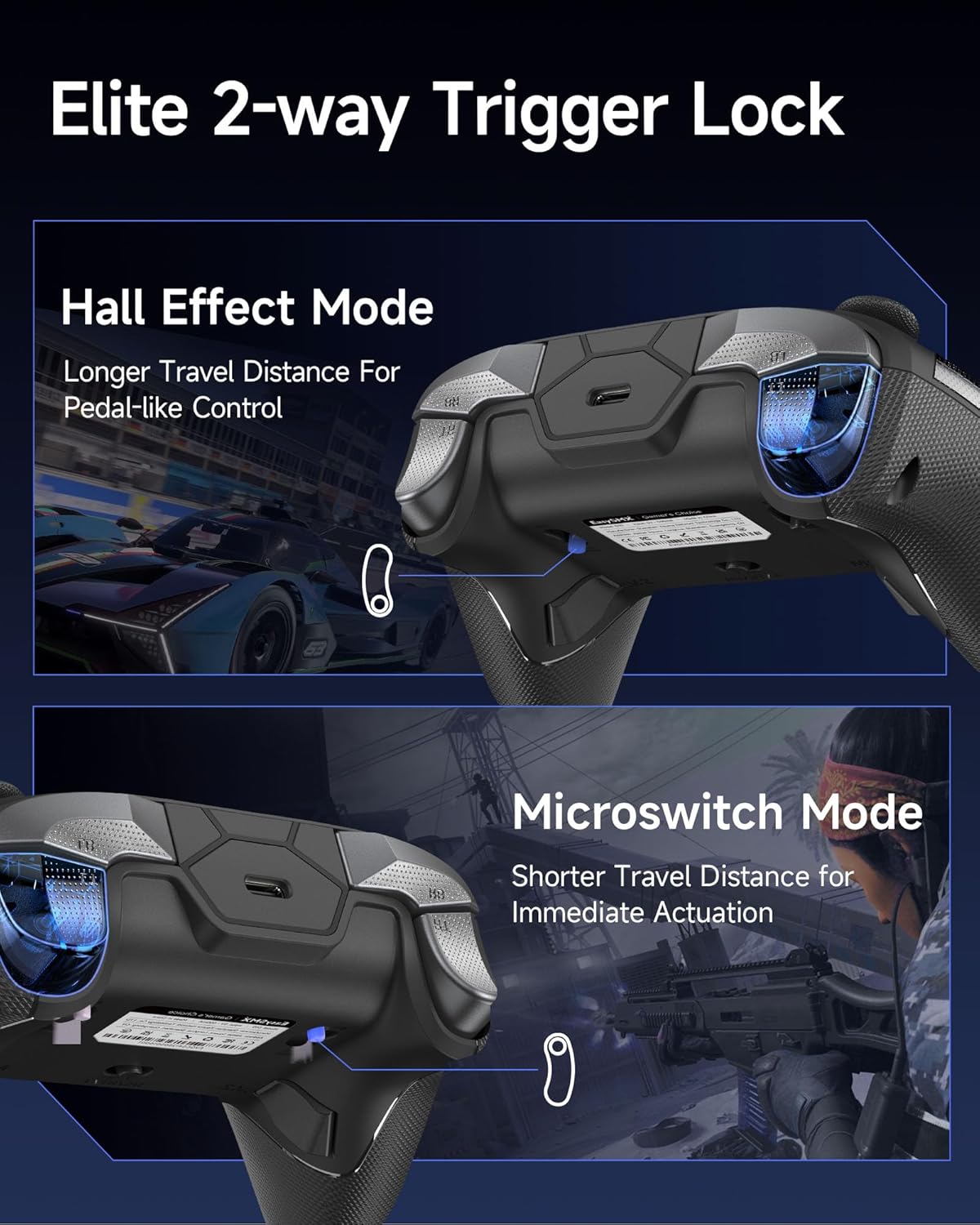 EasySMX D10 Elite 2-way trigger lock with hall effect and microswitch modes on a dark background