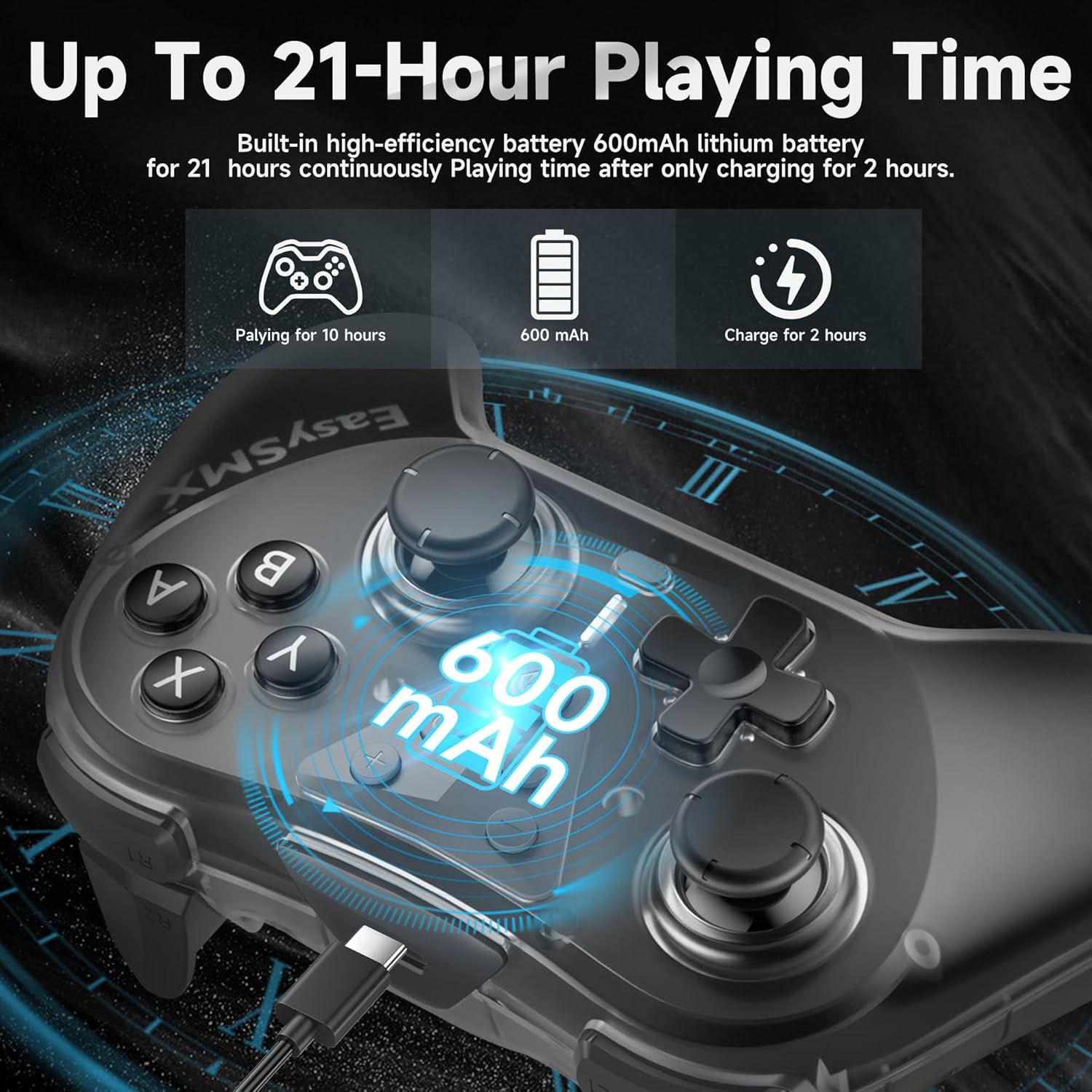 Easysmx t39 pro Gaming controller with battery display and charging information on a dark background
