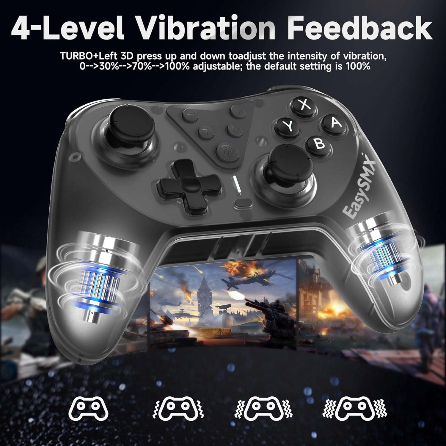 Easy SMX t39 pro Gaming controller with vibration feedback feature on a dark background