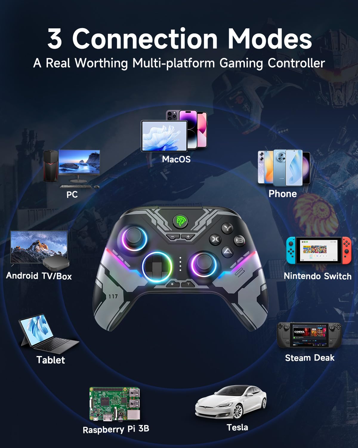 EasySMX X15 Gaming controller with connection modes displayed on a dark background