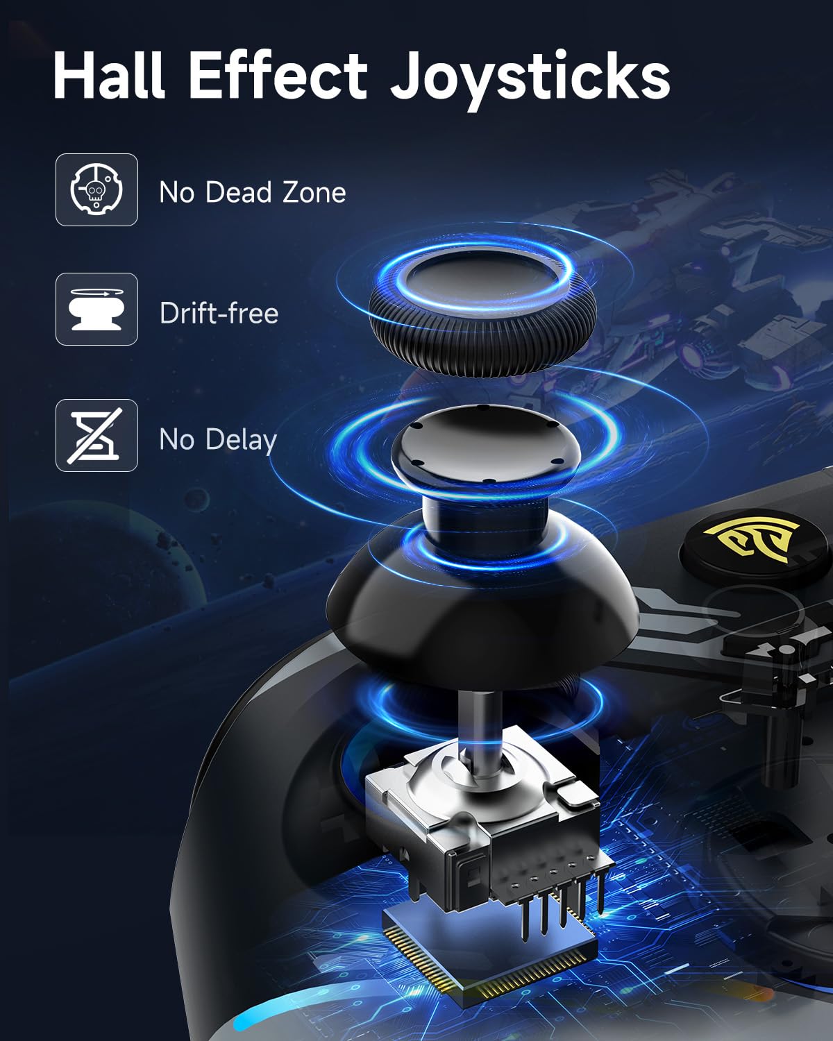 EasySMX X15 Hall Effect Joystick with technical features on a dark background