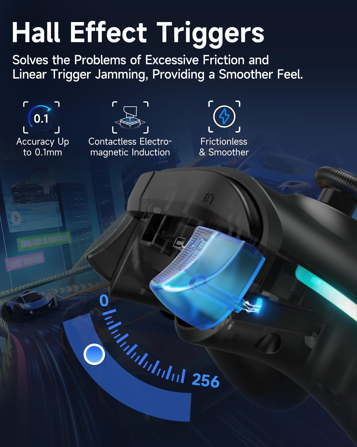 EasySMX X15 Hall Effect Trigger device with blue glowing element on a dark background