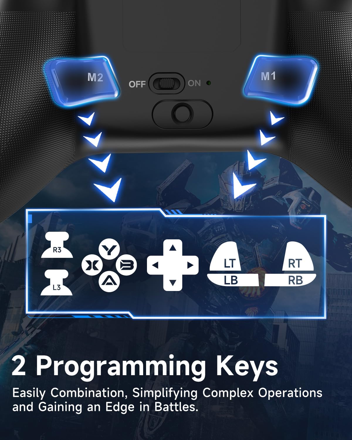 EasySMX X15 Control panel with two programming keys labeled M1 and M2, featuring a gaming controller layout.
