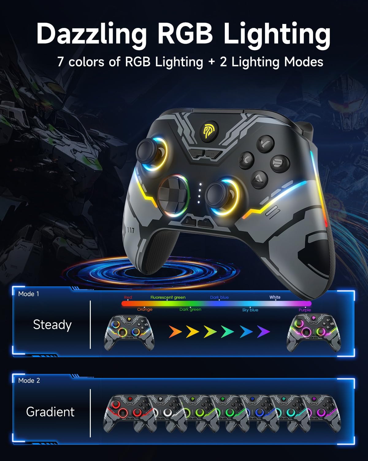 EasySMX X15 Gaming controller with RGB lighting effects on a dark background