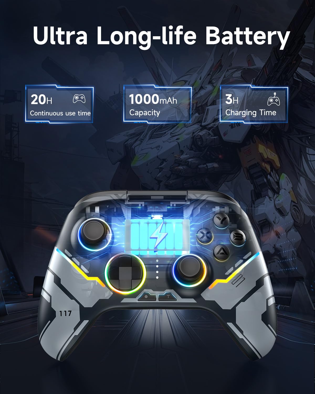 EasySMX X15 Gaming controller with battery life specifications on a dark background