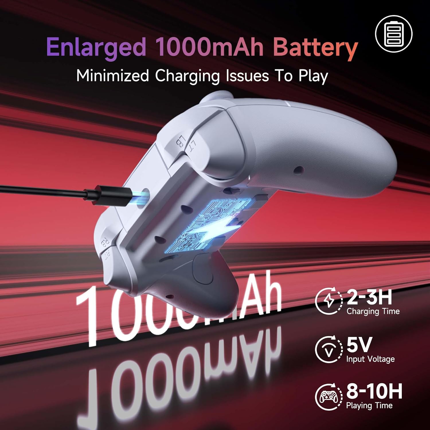 EasySMX X20 Gaming controller with enlarged 1000mAh battery on a red and black background