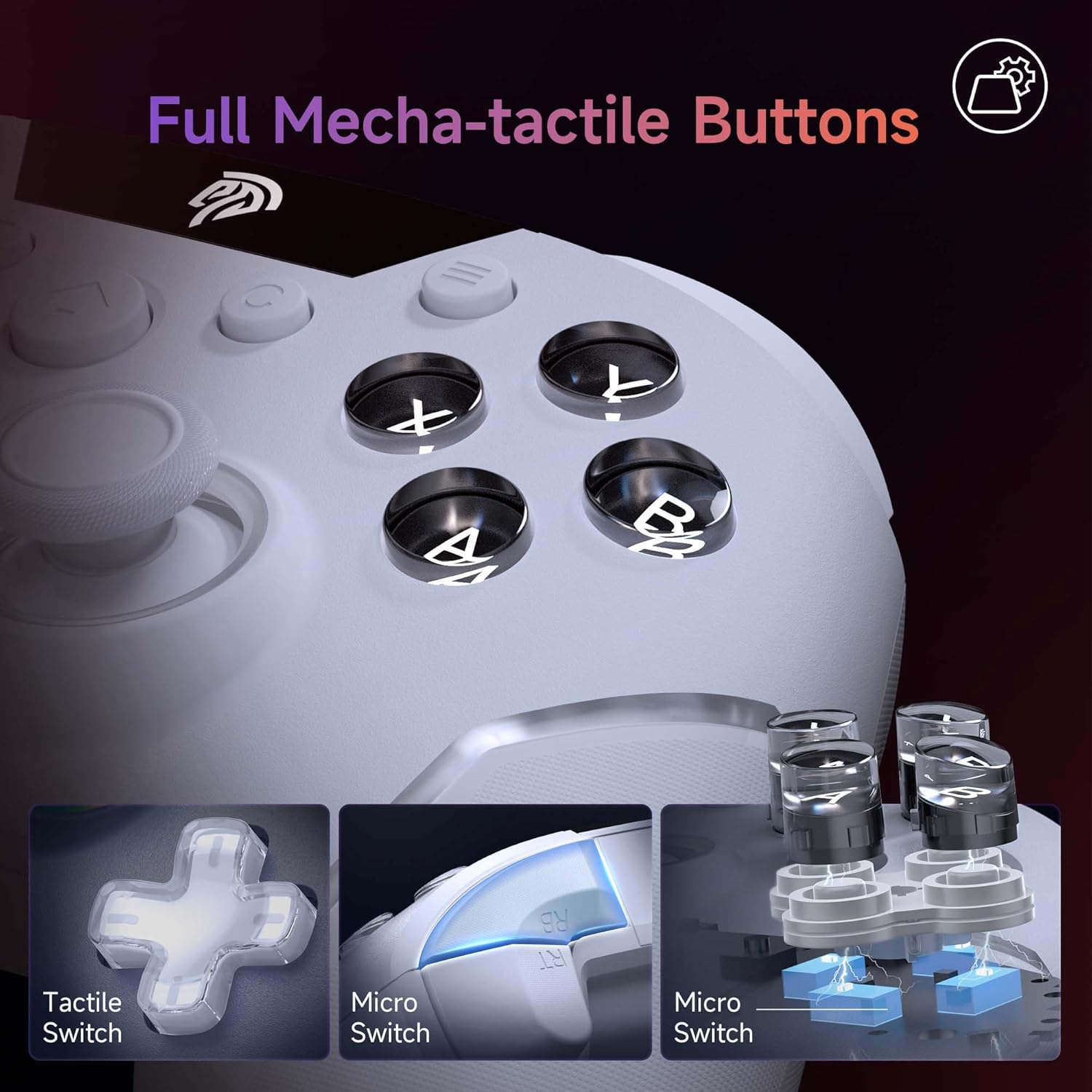 EasySMX X20 Gaming controller with mecha-tactile buttons and close-up illustrations on a dark background