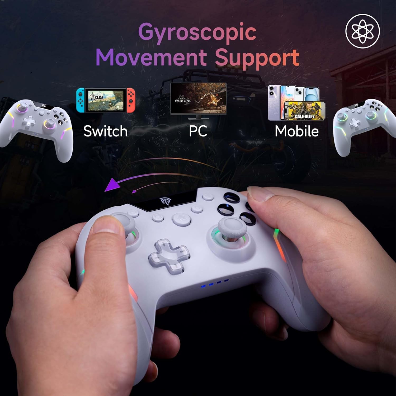 Gaming controller with hands holding it, featuring gyroscopic movement support on a dark background.