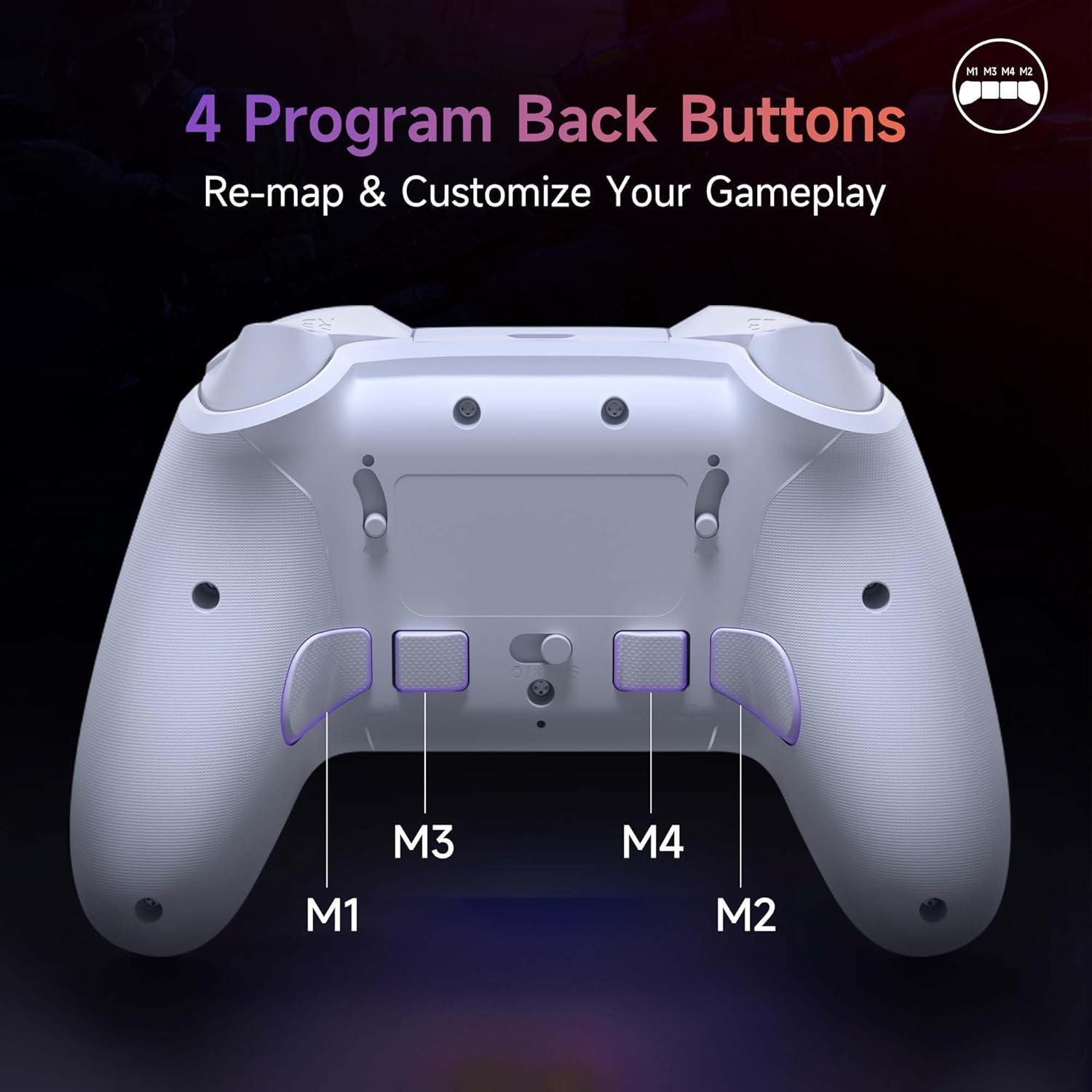 EasySMX X20 Gaming controller with labeled program back buttons on a dark background