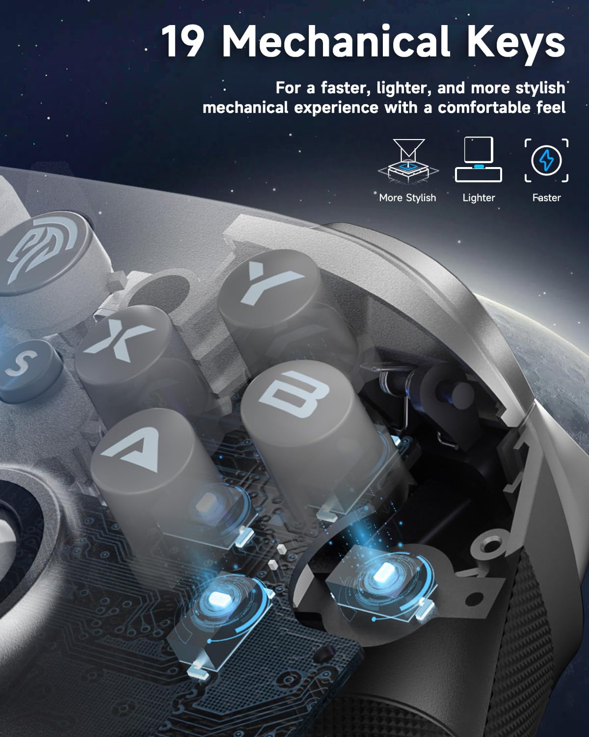 EasySMX x10 Close-up of mechanical keyboard keys with text highlighting features on a space-themed background