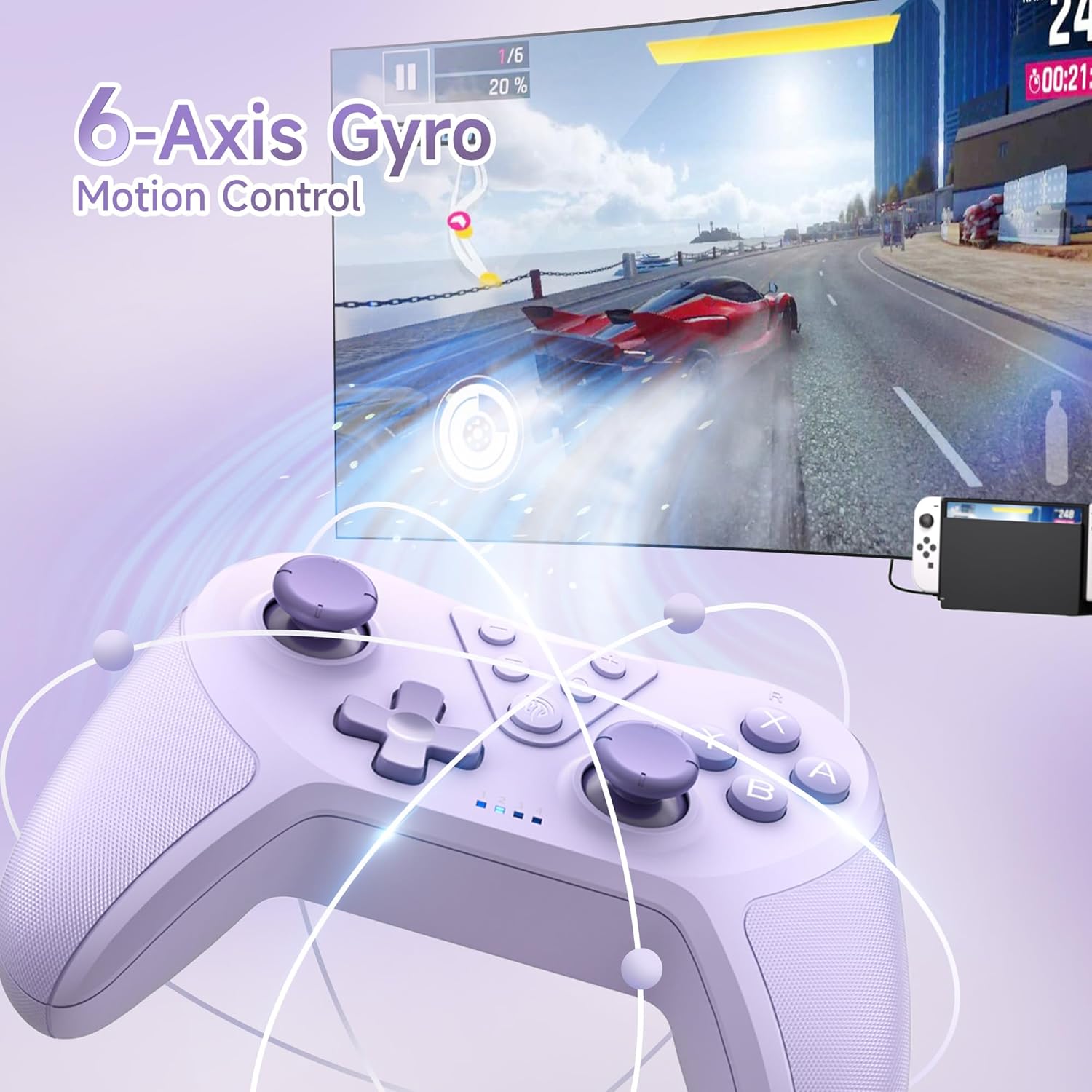 Easysmx t37 Gaming controller with 6-axis gyro motion control feature, displayed in front of a racing game on a screen.