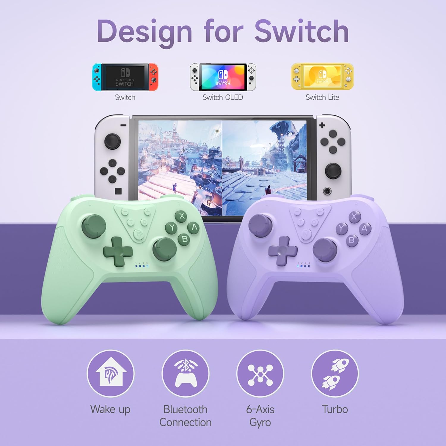 Easysmx t37 Two gaming controllers in green and purple with a screen displaying a game, on a light purple background.