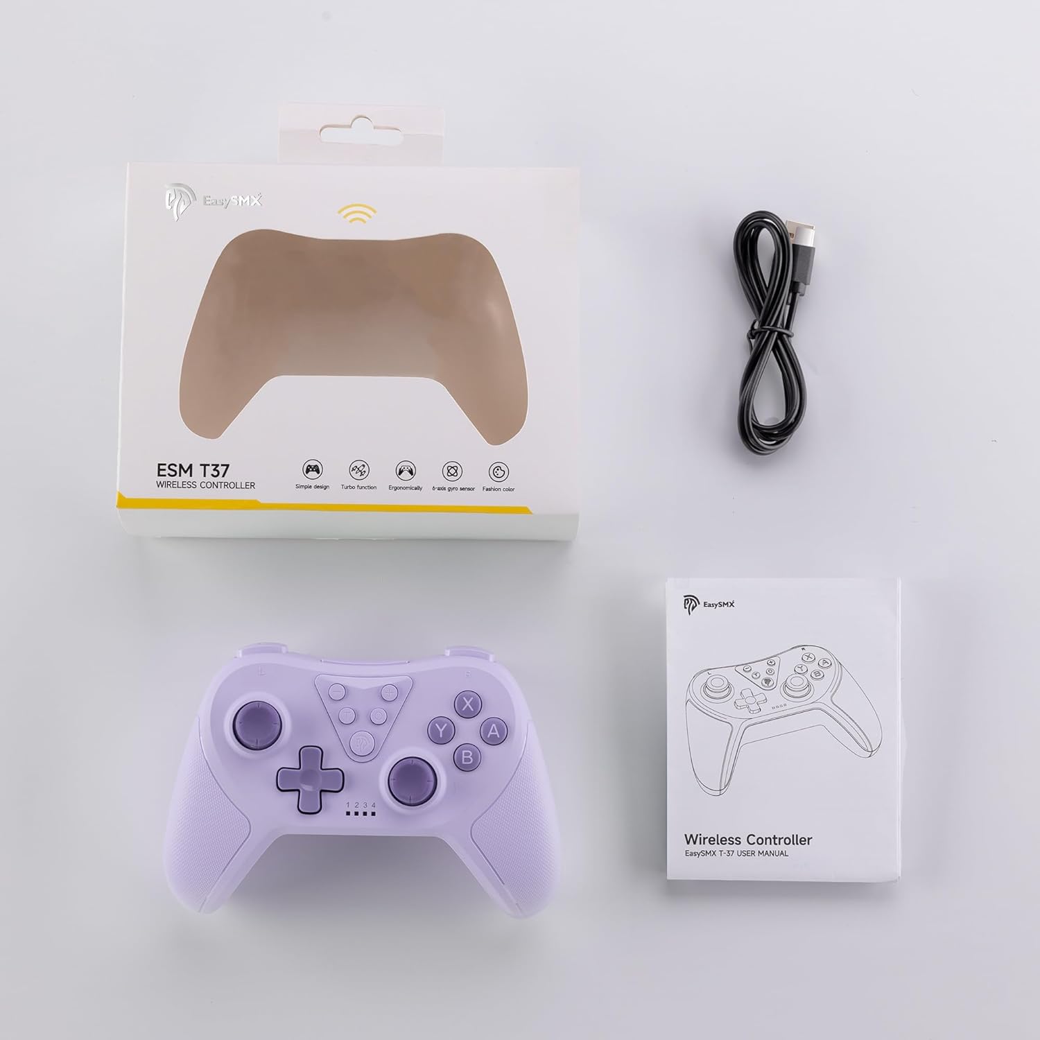 Easysmx t37 Purple gaming controller with packaging, cable, and additional box on a white background