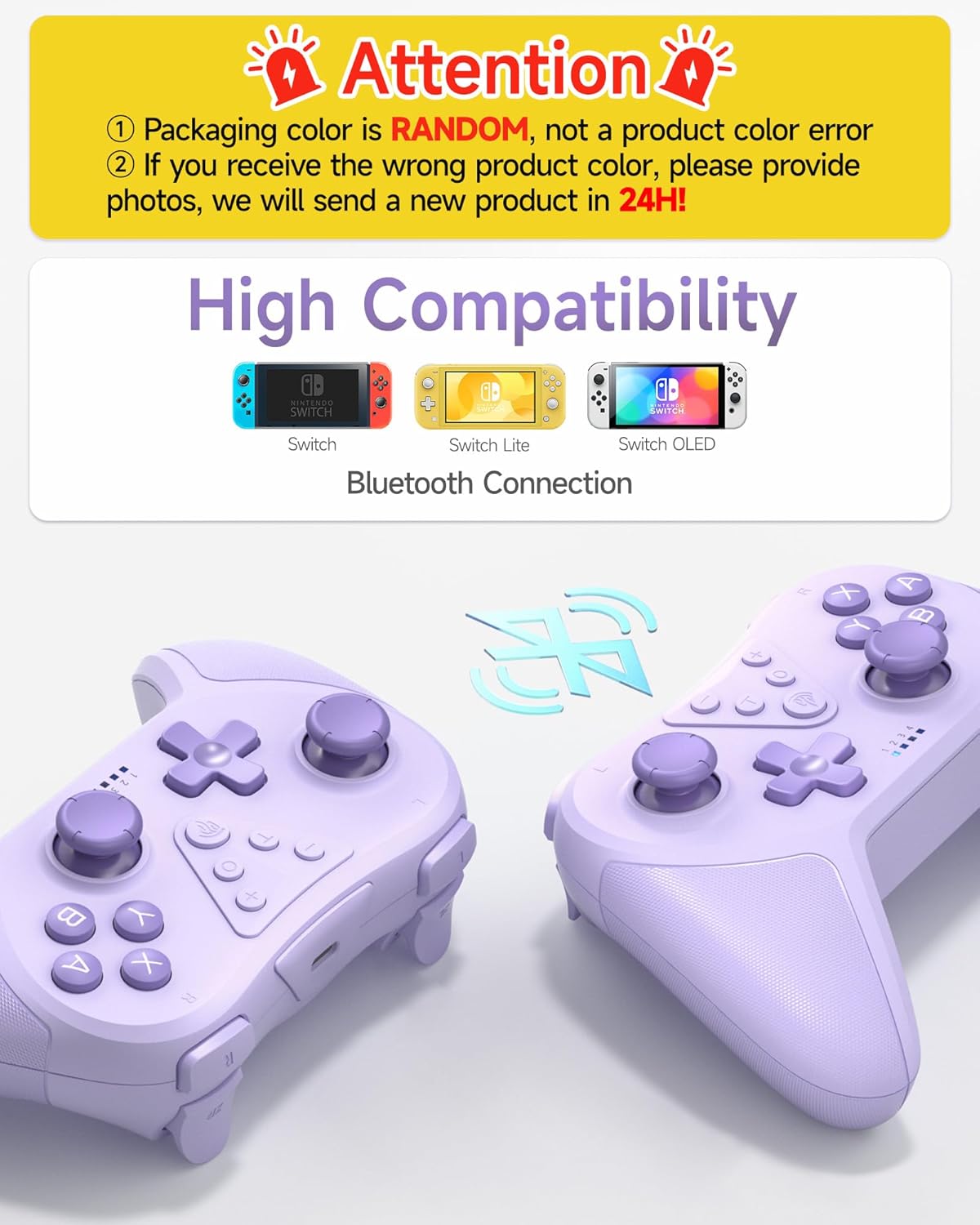 Easysmx t37 Two purple gaming controllers on a white background with text about compatibility and color randomness.