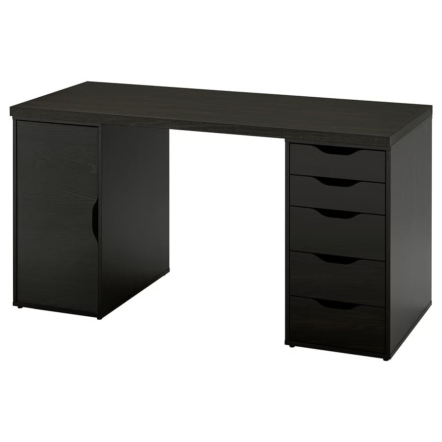 Black desk with three drawers on a white background