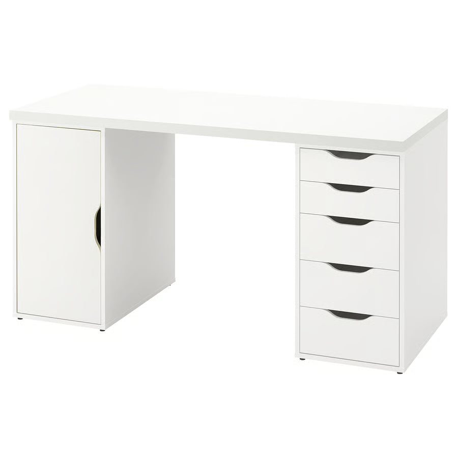 White desk with multiple drawers on a white background