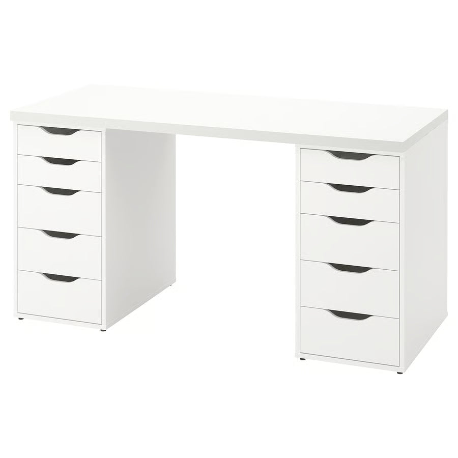 White desk with multiple drawers on a white background