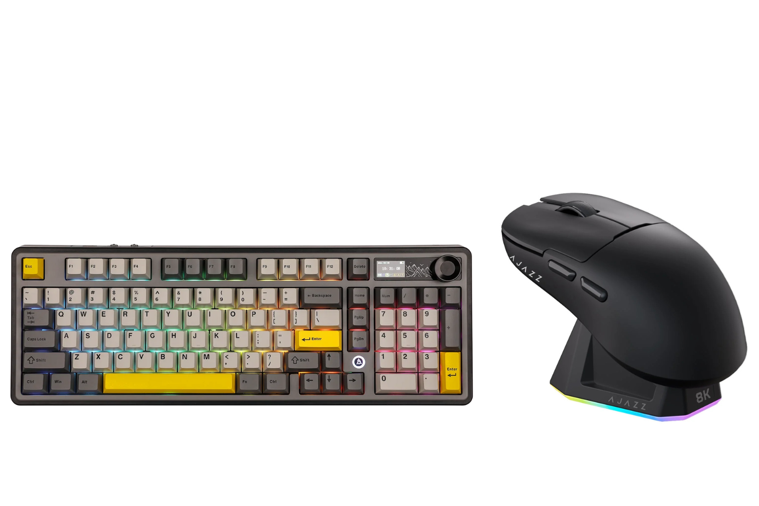 Mechanical keyboard with RGB backlighting and a gaming mouse on a white background