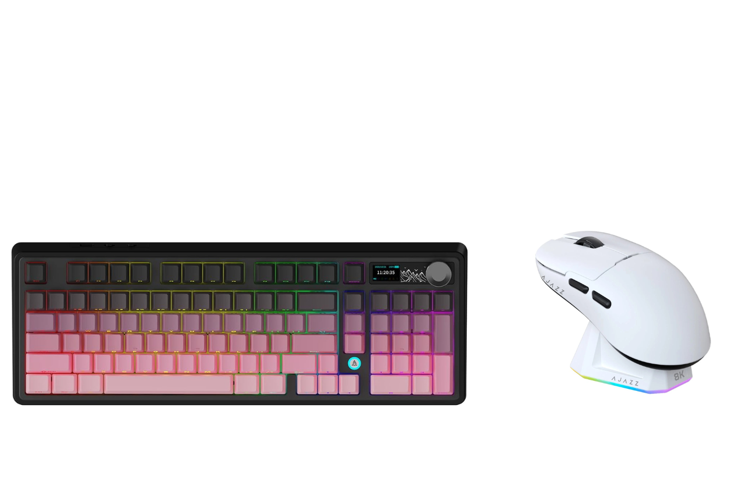 Keyboard Ajazz ak980 pink and mouse ajazz aj159pro set on a white background