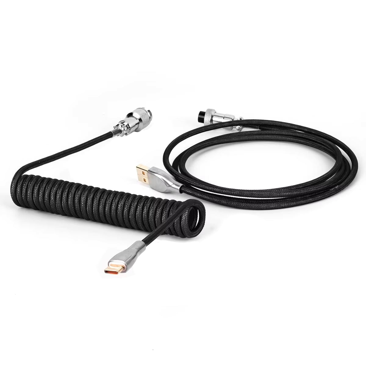 Macaron Coiled black cable with USB connectors on a white background