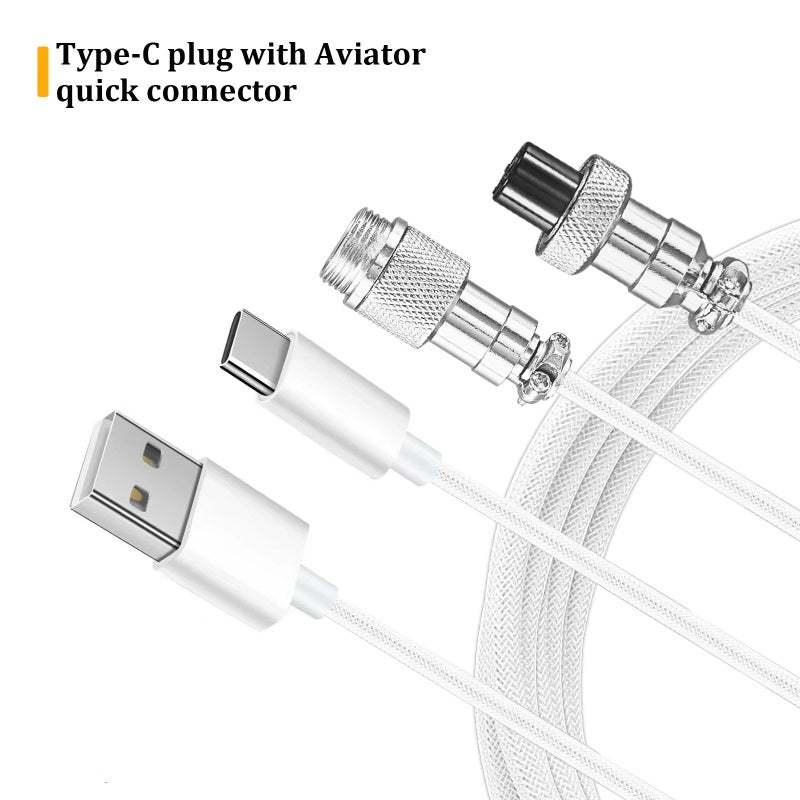 White USB cable with Type-C plug and Aviator quick connector on a white background