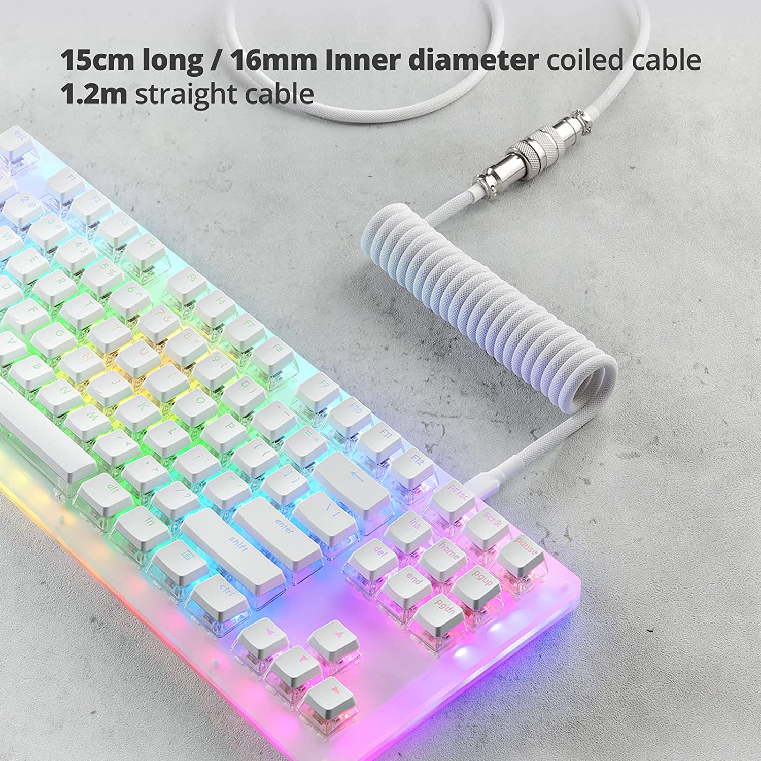 Mechanical keyboard with RGB lighting and Macaron coiled cable on a concrete surface