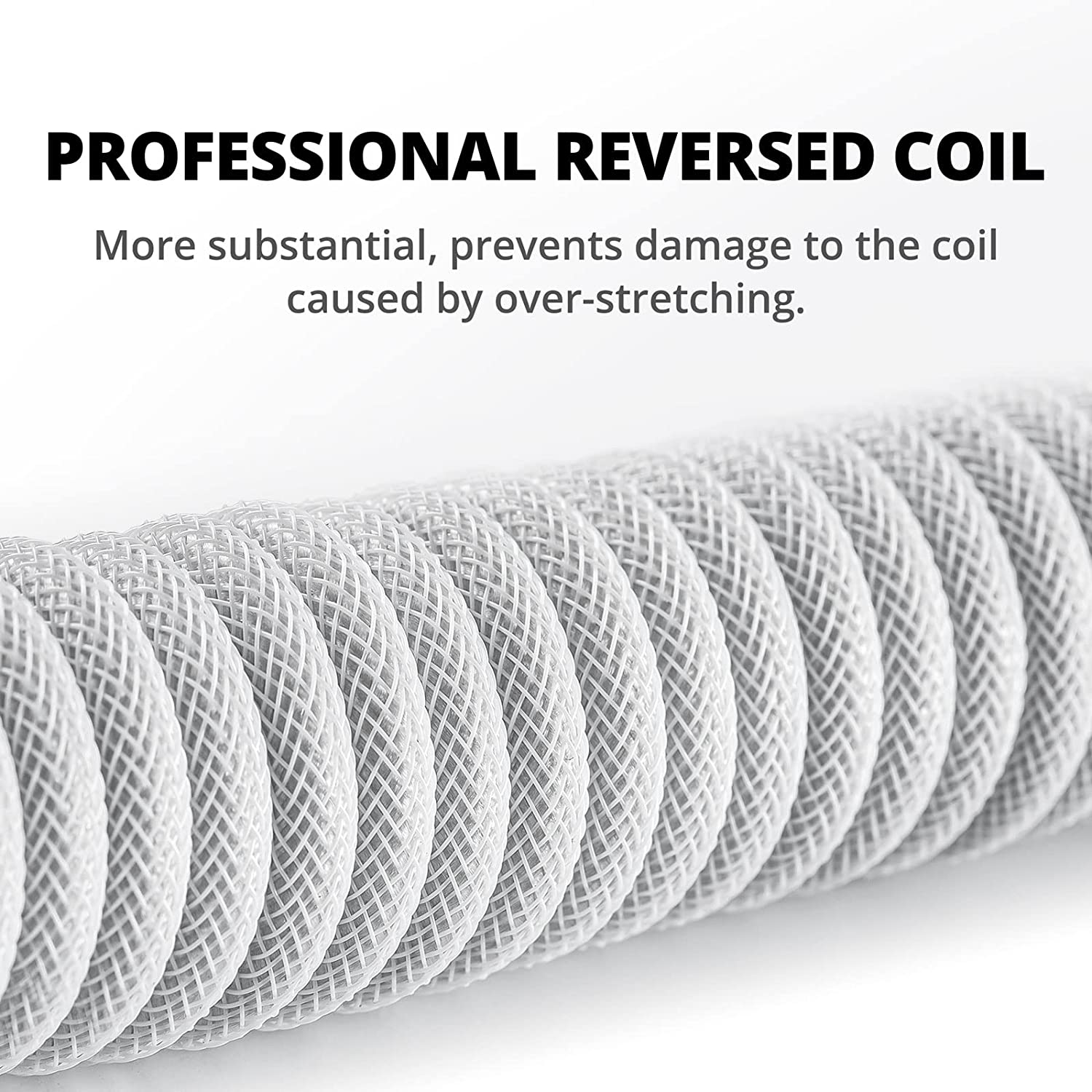 Macaron Coiled Cable Rolled of mesh material with text about professional reversed coil
