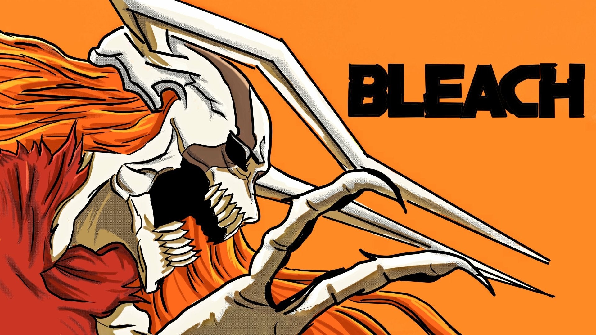 Skeletal character with red hair and white face against an orange background, featuring the word 'BLEACH'.
