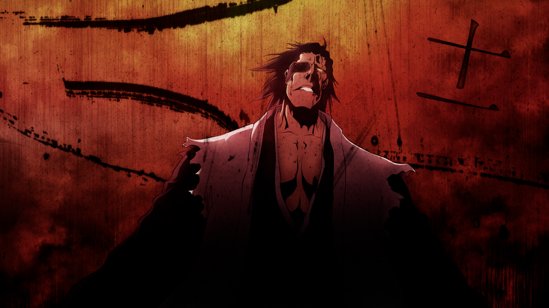 Animated character with long hair and a robe against a dark, textured background, Character is from Bleach called Kenpachi