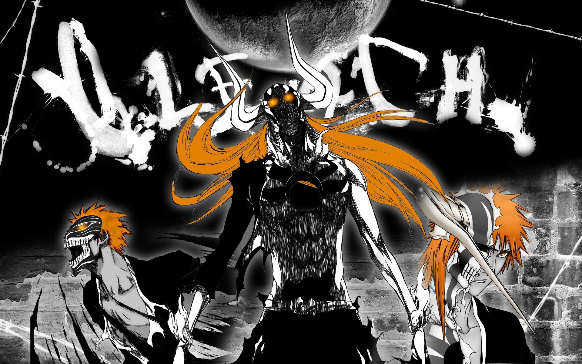 Animated character with orange hair and black outfit against a dark background with text. Character is from Bleach named Ichigo