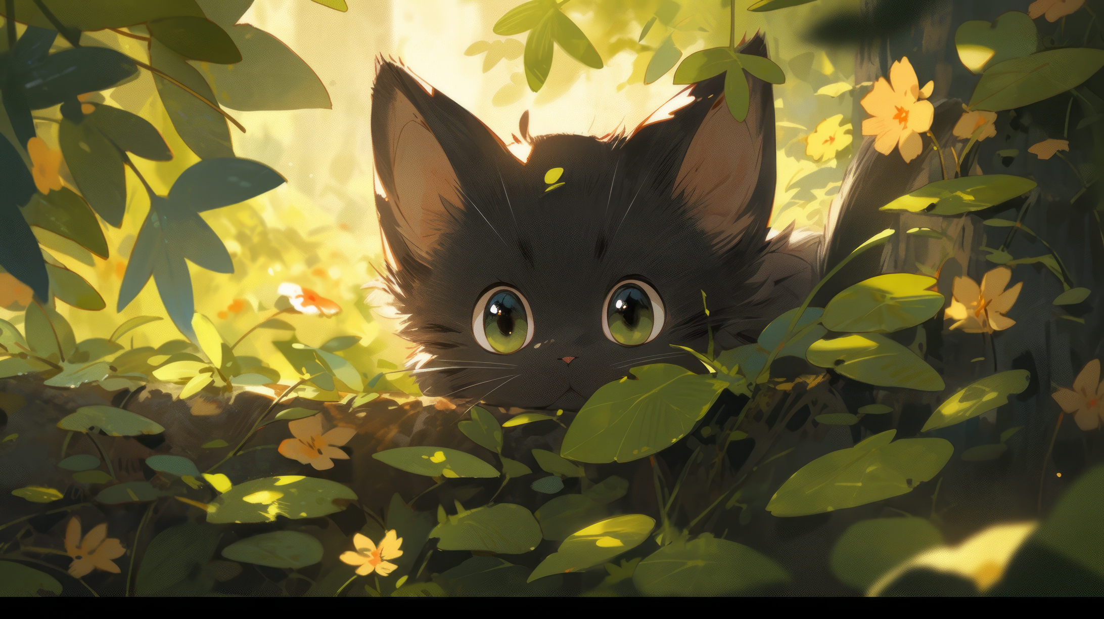 Illustration of a black kitten peeking through leaves with a soft focus background