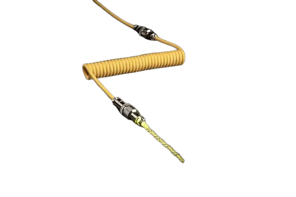 Coiled yellow safety cable with metal connectors on a white background
