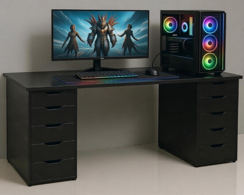 Black gaming desk with computer setup including monitor, keyboard, mouse, and RGB illuminated case.