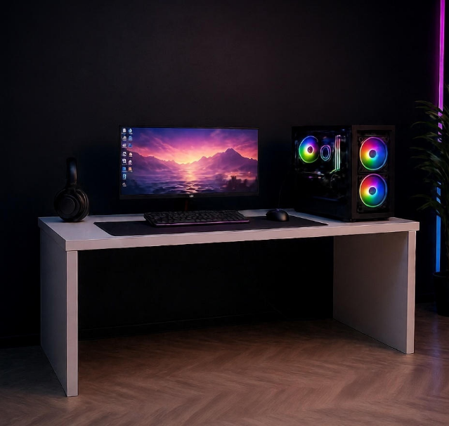 Modern desk setup with computer monitor, keyboard, and RGB speakers in a dark room.